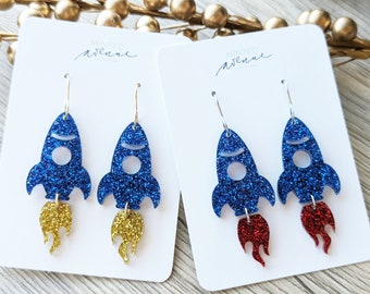 Blue Glitter Rocket Ship Earrings: Acrylic Space Jewelry
