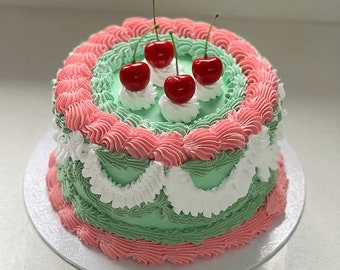 Vintage sage & pink cherry fake cake