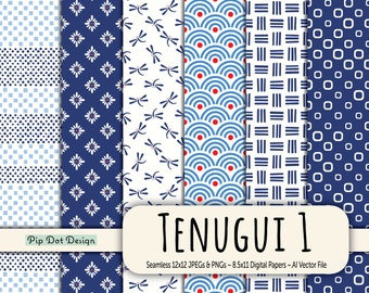 Seamless Japanese inspired Digital Papers, Patterns and Vectors - "Tenugui 1 - (T01)" geometric, japan, classic, print, blue, navy