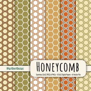 May include: Six digital paper designs featuring a honeycomb pattern in various colors, including brown, orange, green, white, and beige. The text "HONEYCOMB" is displayed at the bottom of the image.