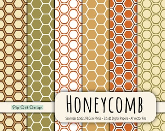 Seamless Honeycomb Digital Papers, Patterns and Vectors - "Honeycomb - (F01)" hex, geometric, tan, brown, rust, green, cream