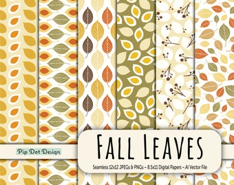 Seamless Leaves Digital Papers, Patterns and Vectors - "Fall Leaves - (F01)" leaf, modern, fall, orange, yellow, brown, rust, green