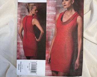 May include: A pattern for a Cynthia Steffe dress design, featuring a sleeveless red dress with a cowl neck. The pattern includes images of the dress and the text "V1151 PATTERN/PATRON AA (6-8-10-12)".