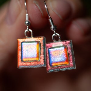 Layered Square Dichroic Fused Glass Dangle Earrings