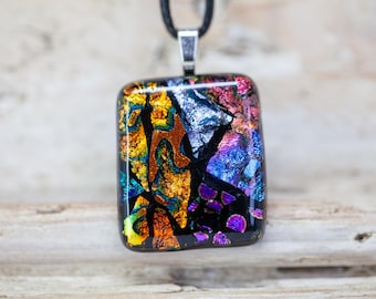 Statement Necklace, Dichroic Glass Pendant, Blue, Orange, Green, Silver, One of a Kind