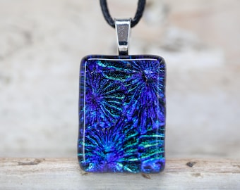 Fused Glass Necklace, Blue, Green Starburst, Dichroic Glass Pendant, One of a Kind Jewellery
