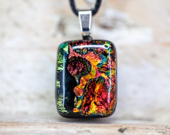 Dichroic Glass Pendant, Handmade Fused Glass Necklace, Red, Orange, Green