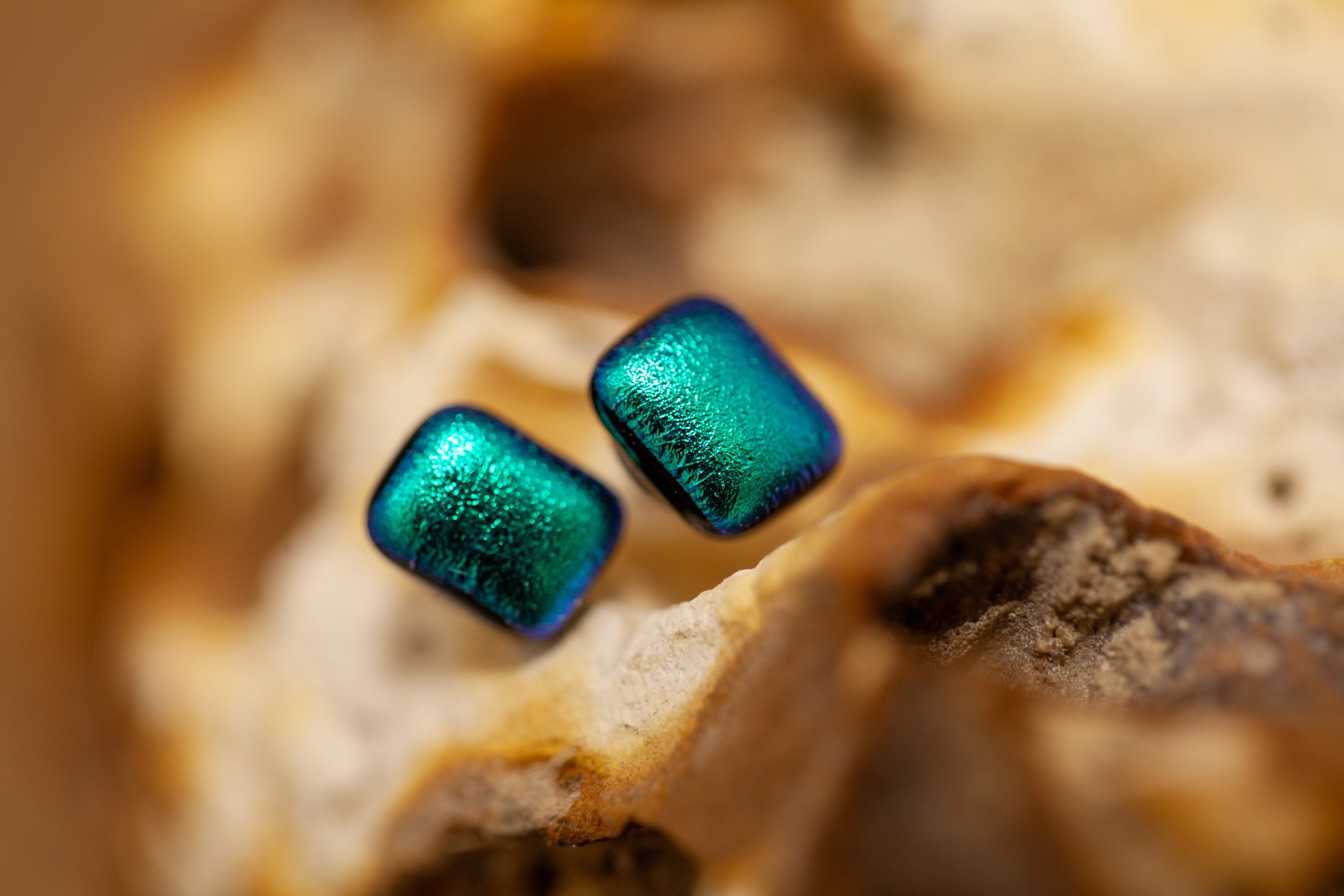 Handmade Satin Emerald Green & Blue Fused Glass Stud Earrings | Sparkling Jewellery Dichroic Surgical Steel