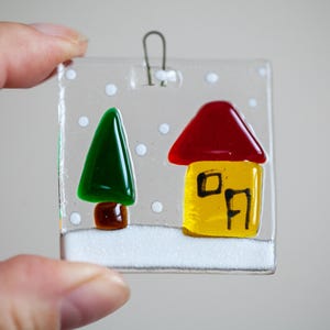 Fused glass handmade colourful Christmas decoration Little house and tree