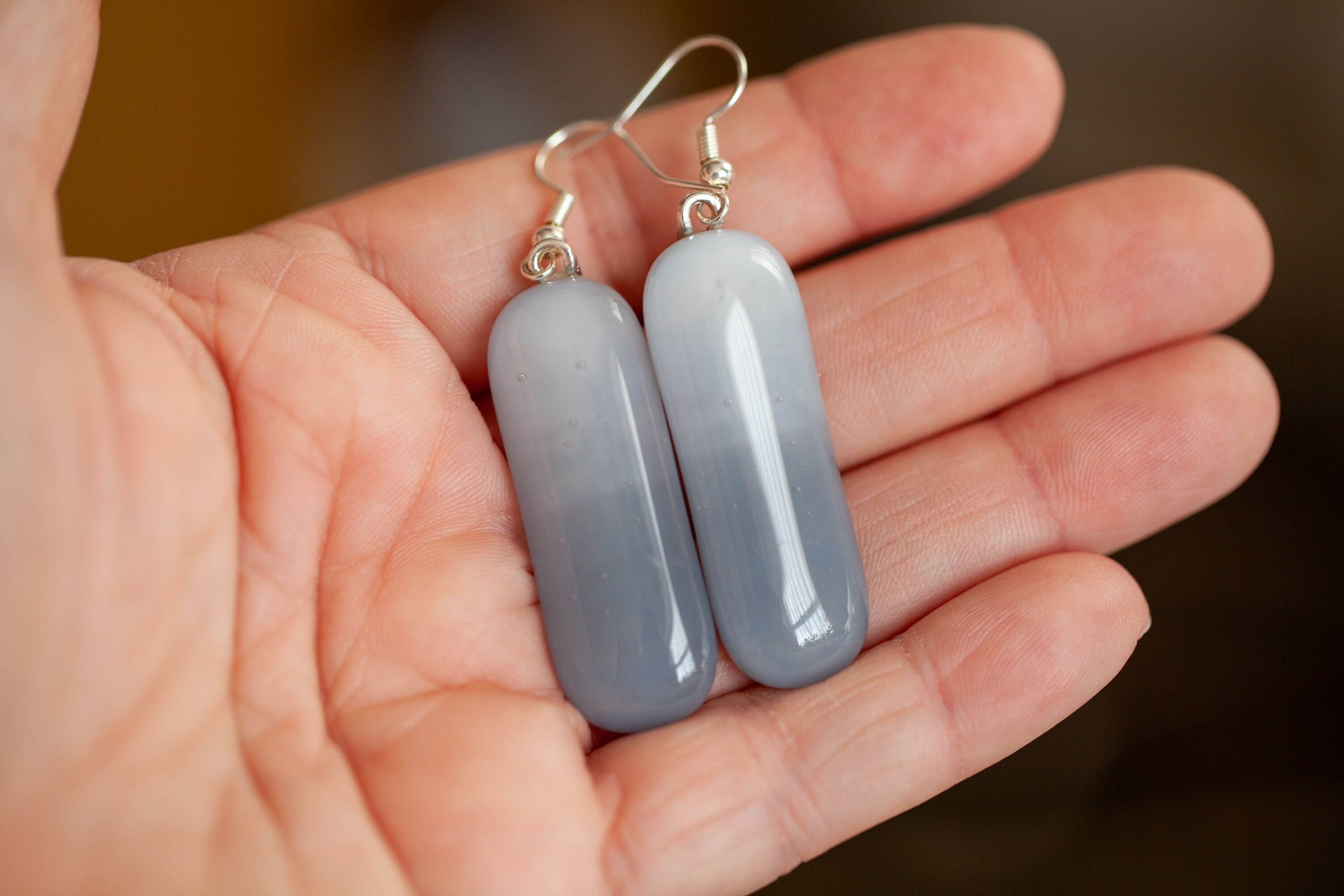 Beautiful Two Tone Ombre Grey Handmade Fused Glass Dangle Earrings