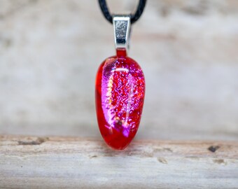 Dichroic Glass Pendant Necklace: Sparkling Pink and Orange, Petite