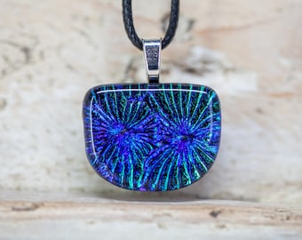 Fused Glass Necklace, Blue, Green Starburst, Dichroic Glass Pendant, One of a Kind Jewellery