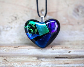 Heart Necklace, Fused Glass Pendant, Mix of Purple, Blue and Green