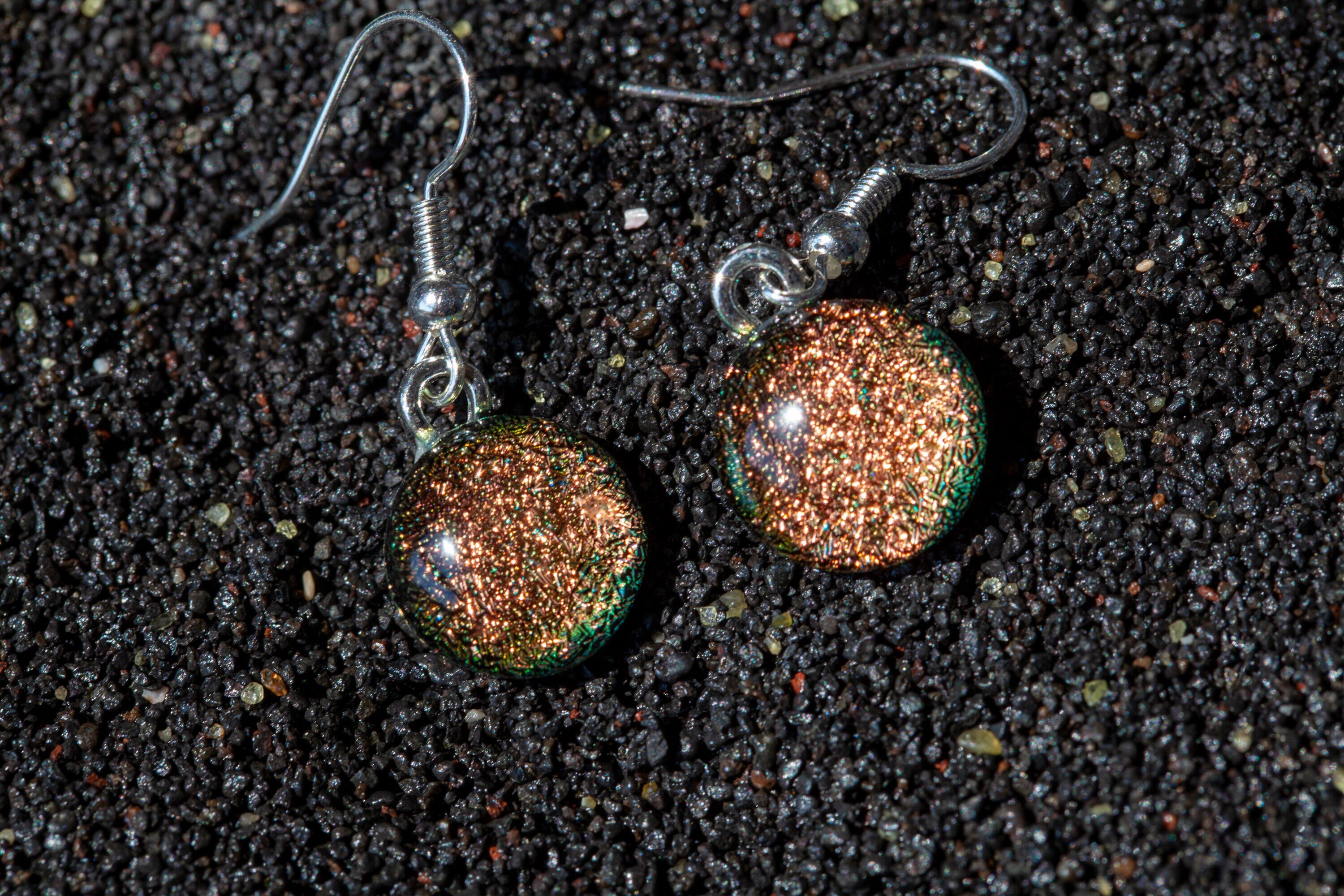 Handmade Shimmering Peach Salmon Fused Glass Drop Earrings | Sparkling Jewellery Dichroic Silver Plated