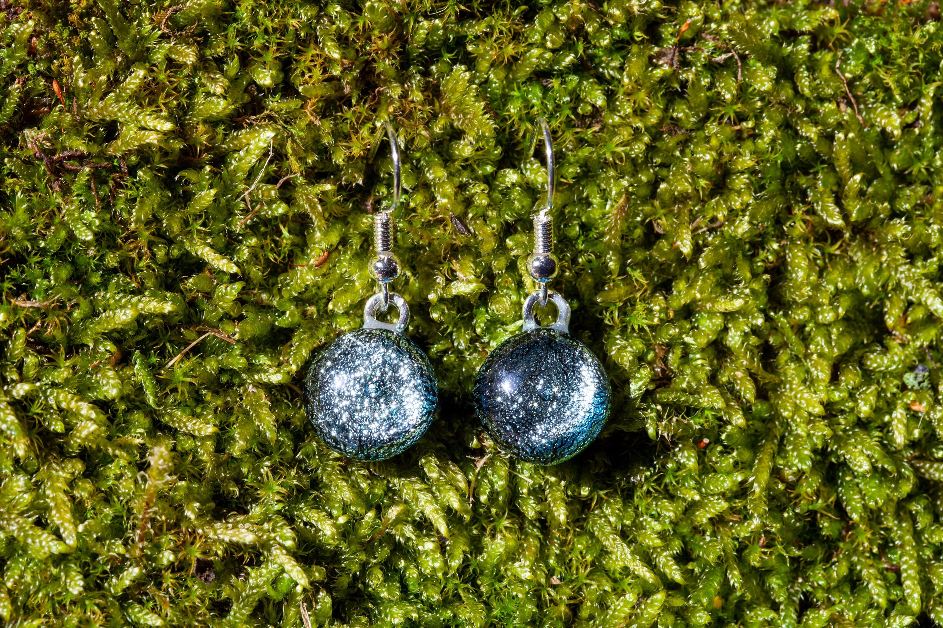 Handmade Shimmering Silver Fused Glass Drop Earrings | Sparkling Jewellery Dichroic Plated