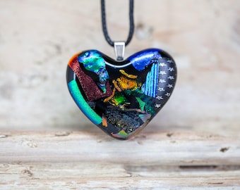 Heart Necklace, Fused Glass Pendant, Multicolour Dichroic Glass