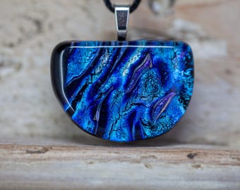 Fused Glass Necklace, Blue Dichroic Glass Pendant, One of a Kind Jewellery