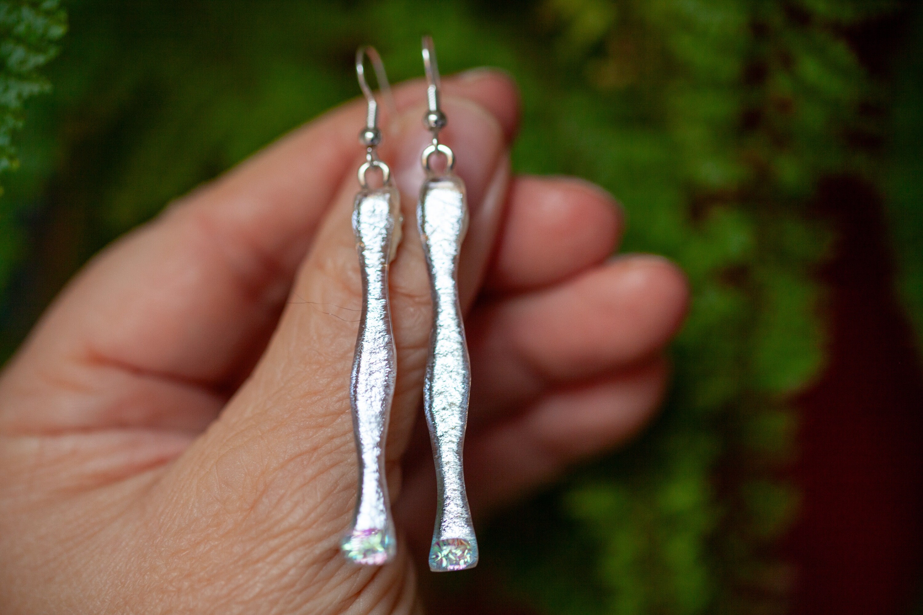 Eye Catching Long Silver Dichroic Fused Glass Dangle Earrings