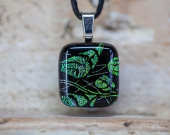 Dichroic Glass Leaf Pattern  Pendant Necklace, Sparkling Art Glass