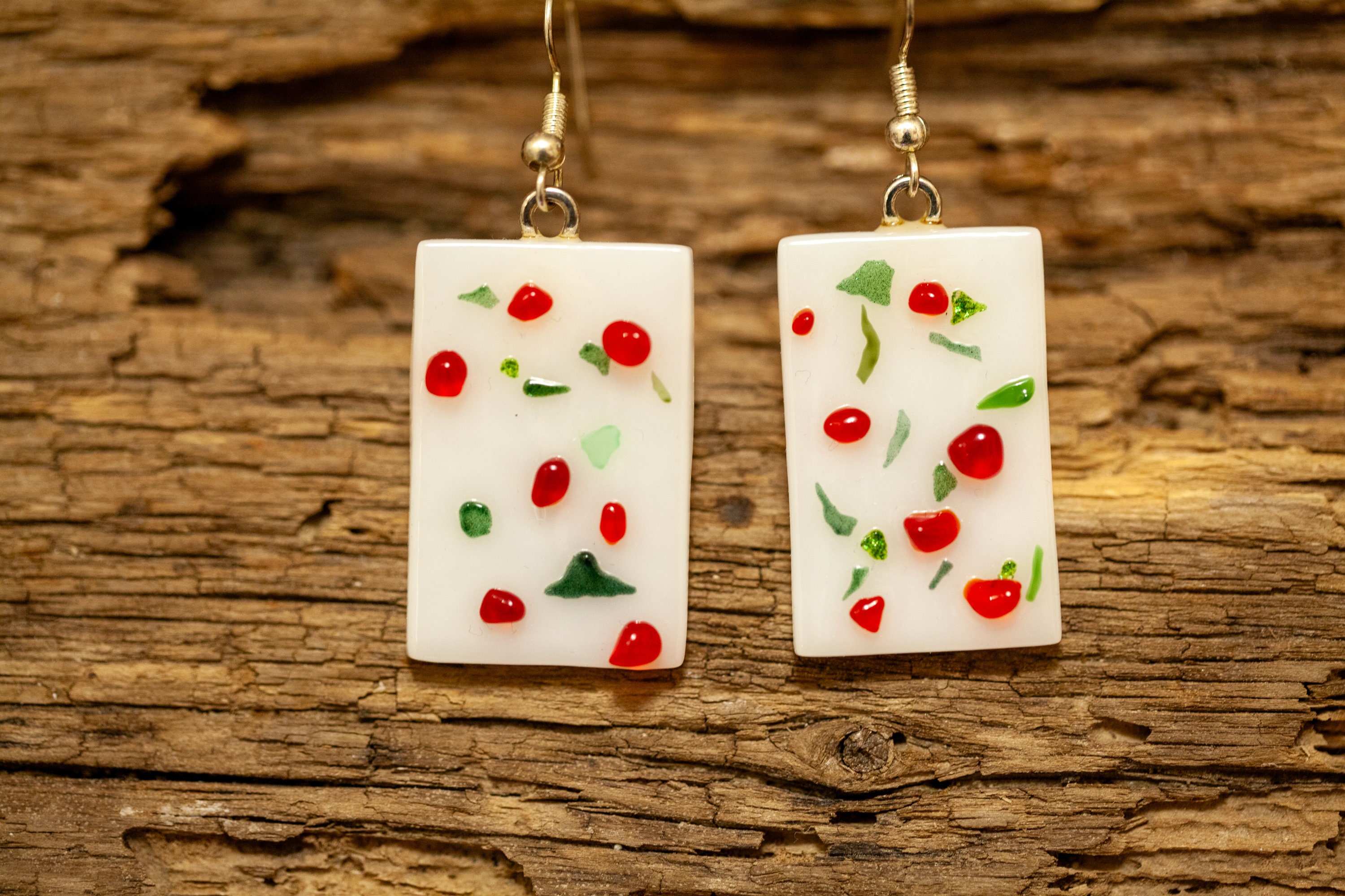 Christmas Themed Handmade Fused Glass Dangle Earrings