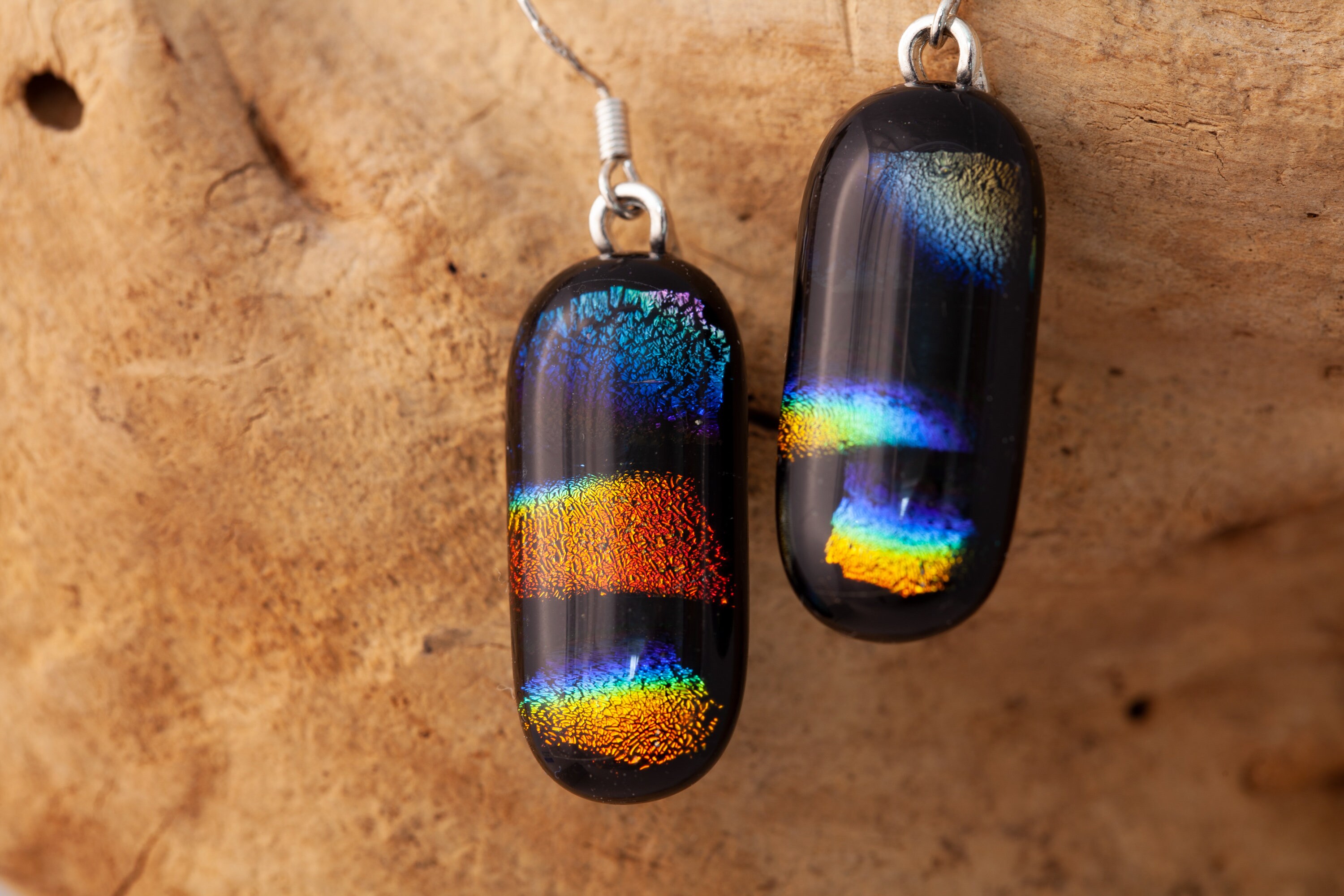 Handmade Sparkling Rainbow Fused Glass Sterling Silver Drop Dangle Earrings
