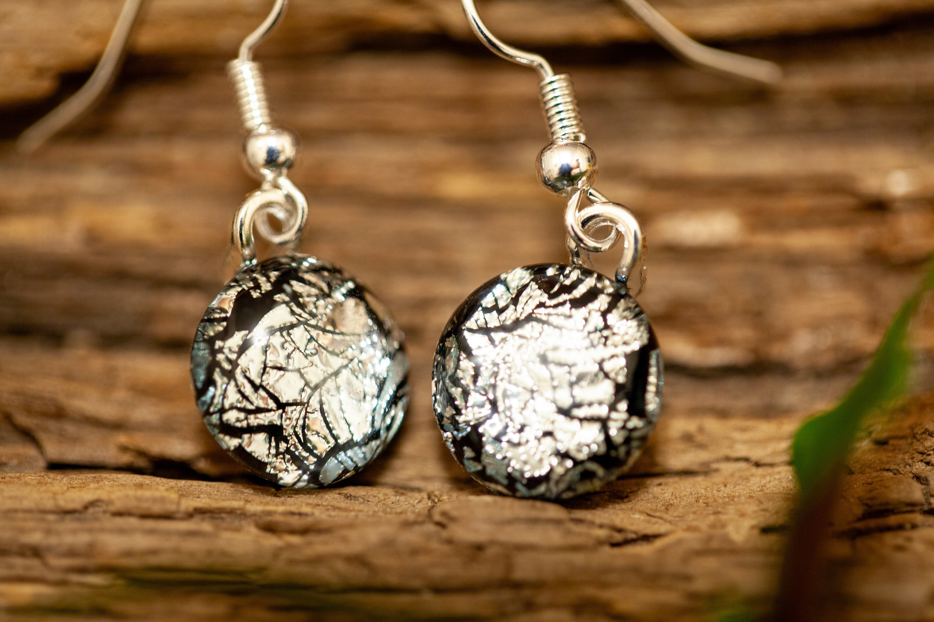 Handmade Shimmering Silver Fused Glass Drop Earrings | Sparkling Jewellery Dichroic Plated
