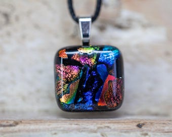 Dichroic Glass Pendant, Handmade Fused Glass Necklace, Blue, Orange, Green