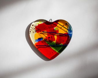 Colourful Fused Glass Heart Suncatcher | Handmade Abstract Style Heart Ornament