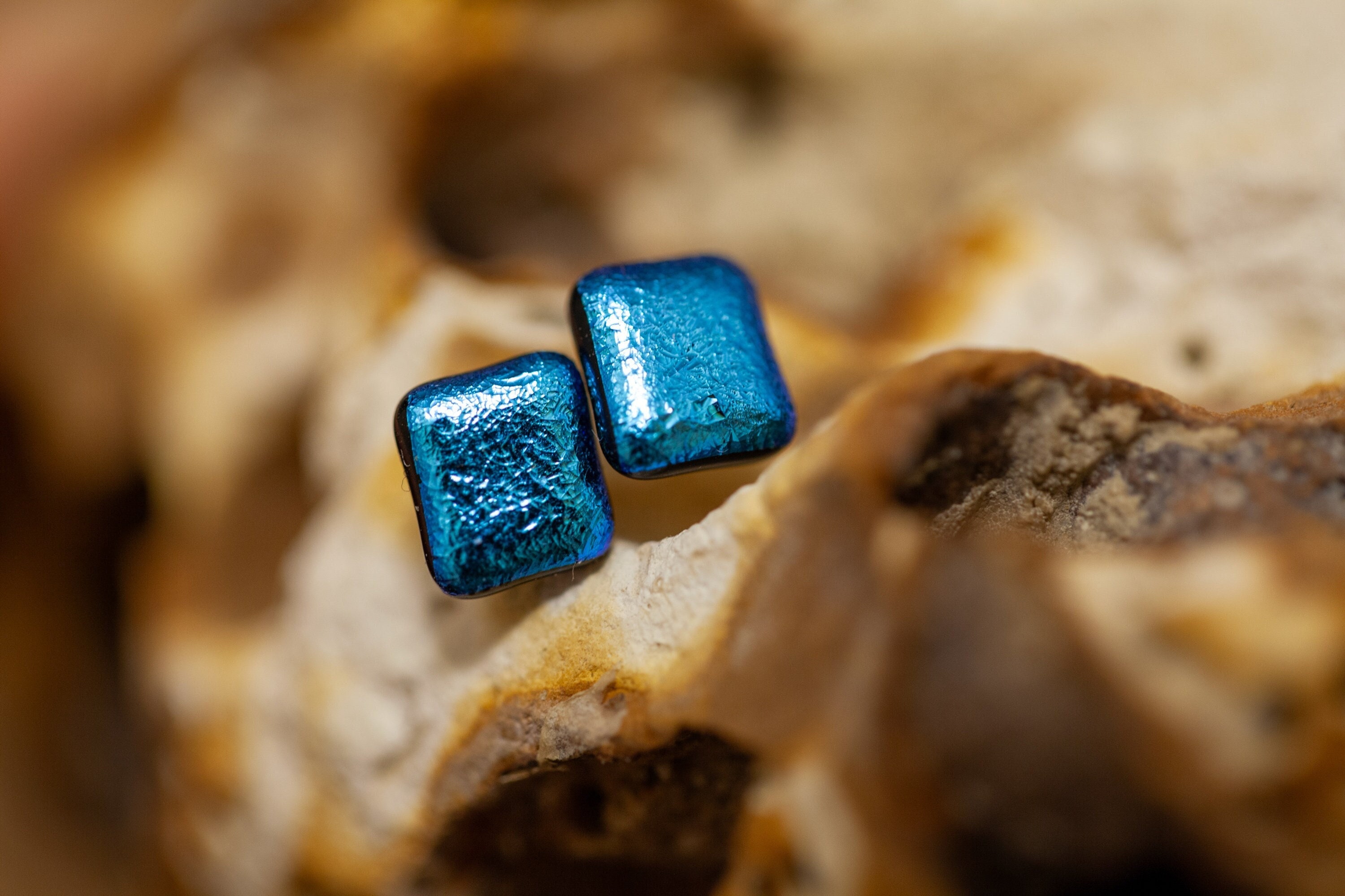 Handmade Satin Blue Fused Glass Stud Earrings | Sparkling Jewellery Dichroic Surgical Steel