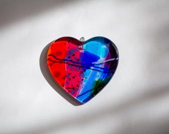 Colourful Fused Glass Heart Suncatcher | Handmade Abstract Style Heart Ornament