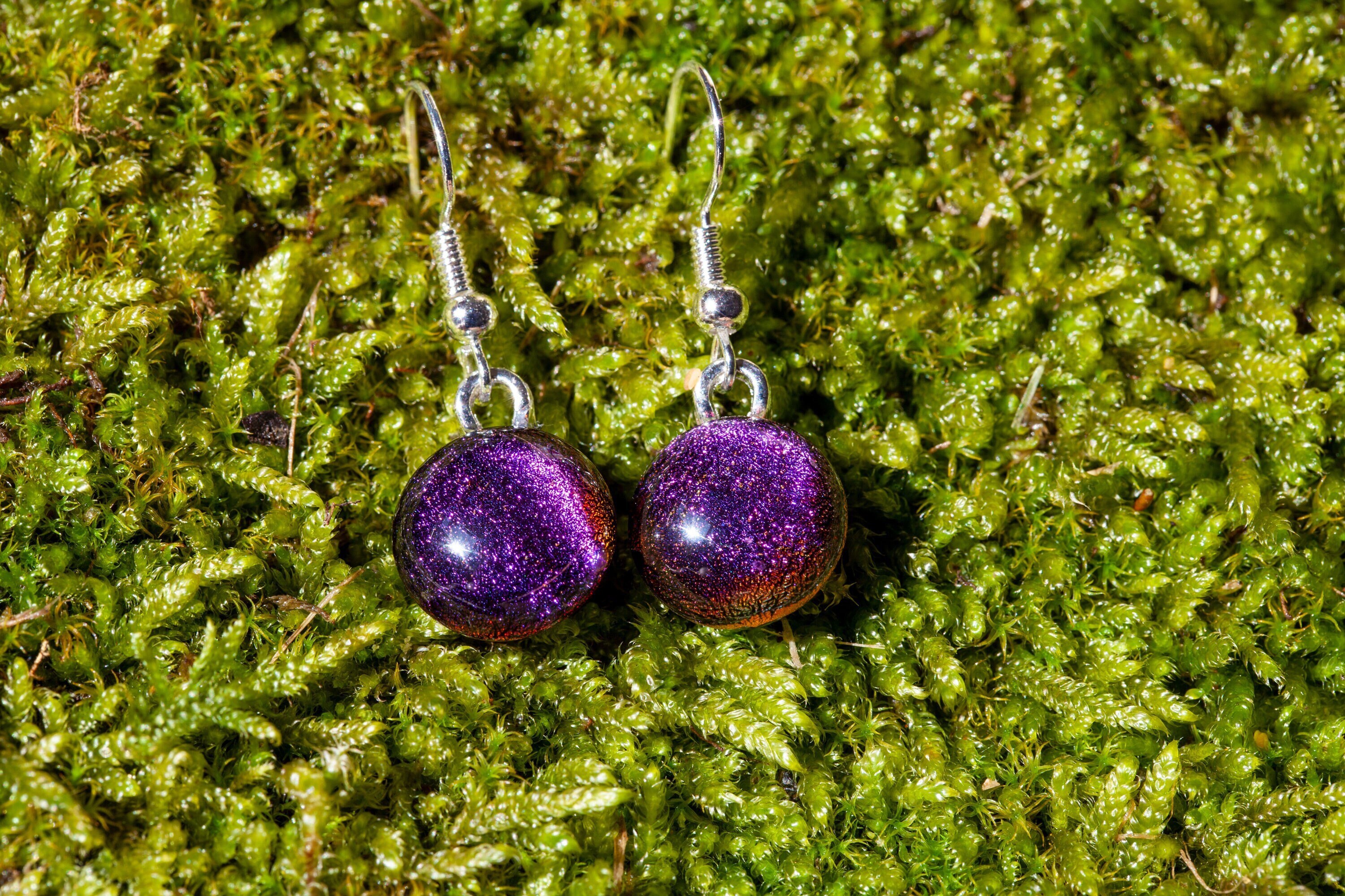 Handmade Black Cherry Fused Glass Drop Earrings | Sparkling Jewellery Dichroic Silver Plated