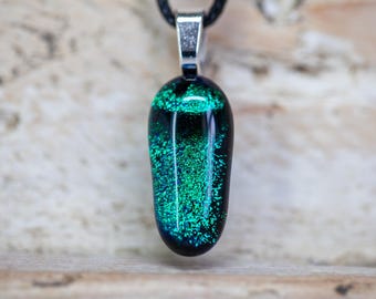Green Dichroic Glass Necklace, Sparkling Pendant, Petite