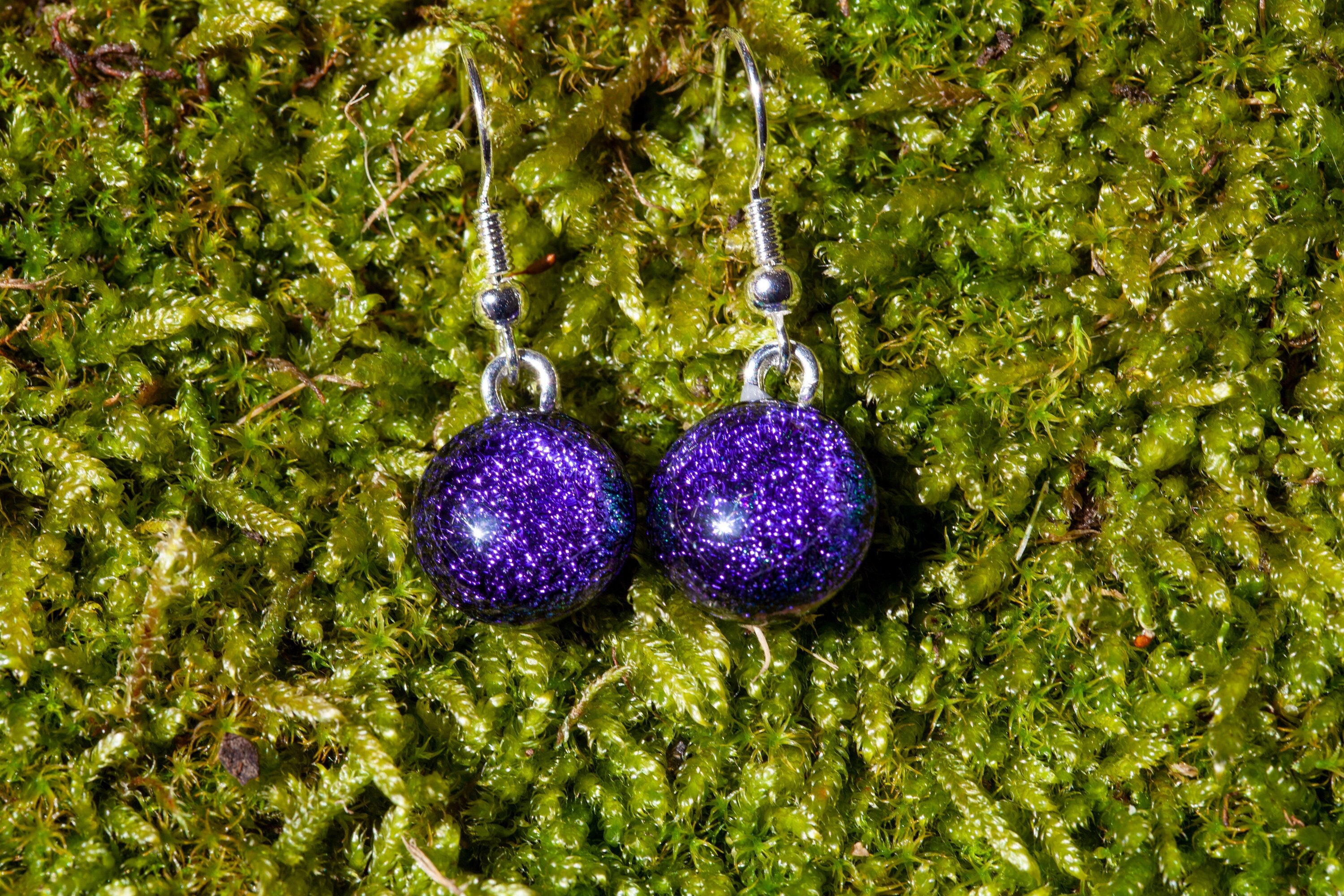Handmade Purple Fused Glass Drop Earrings | Sparkling Jewellery Dichroic Silver Plated