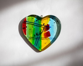 Colourful Fused Glass Heart Suncatcher | Handmade Abstract Style Heart Ornament
