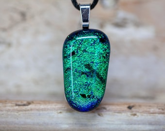 Green Dichroic Glass Necklace, Sparkling Pendant, Fused Glass Jewellery