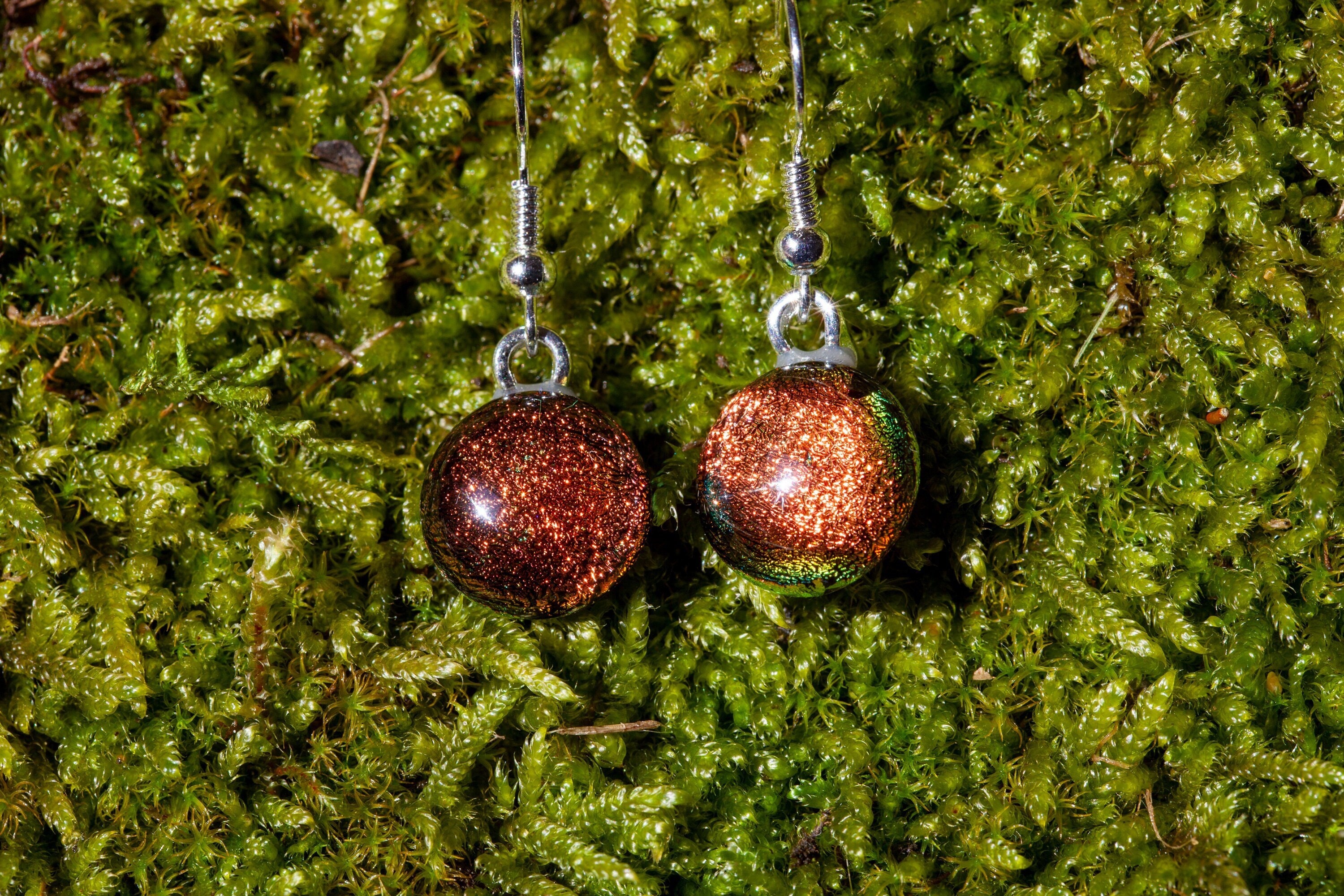 Handmade Orange Red Fused Glass Drop Earrings | Sparkling Jewellery Dichroic Silver Plated