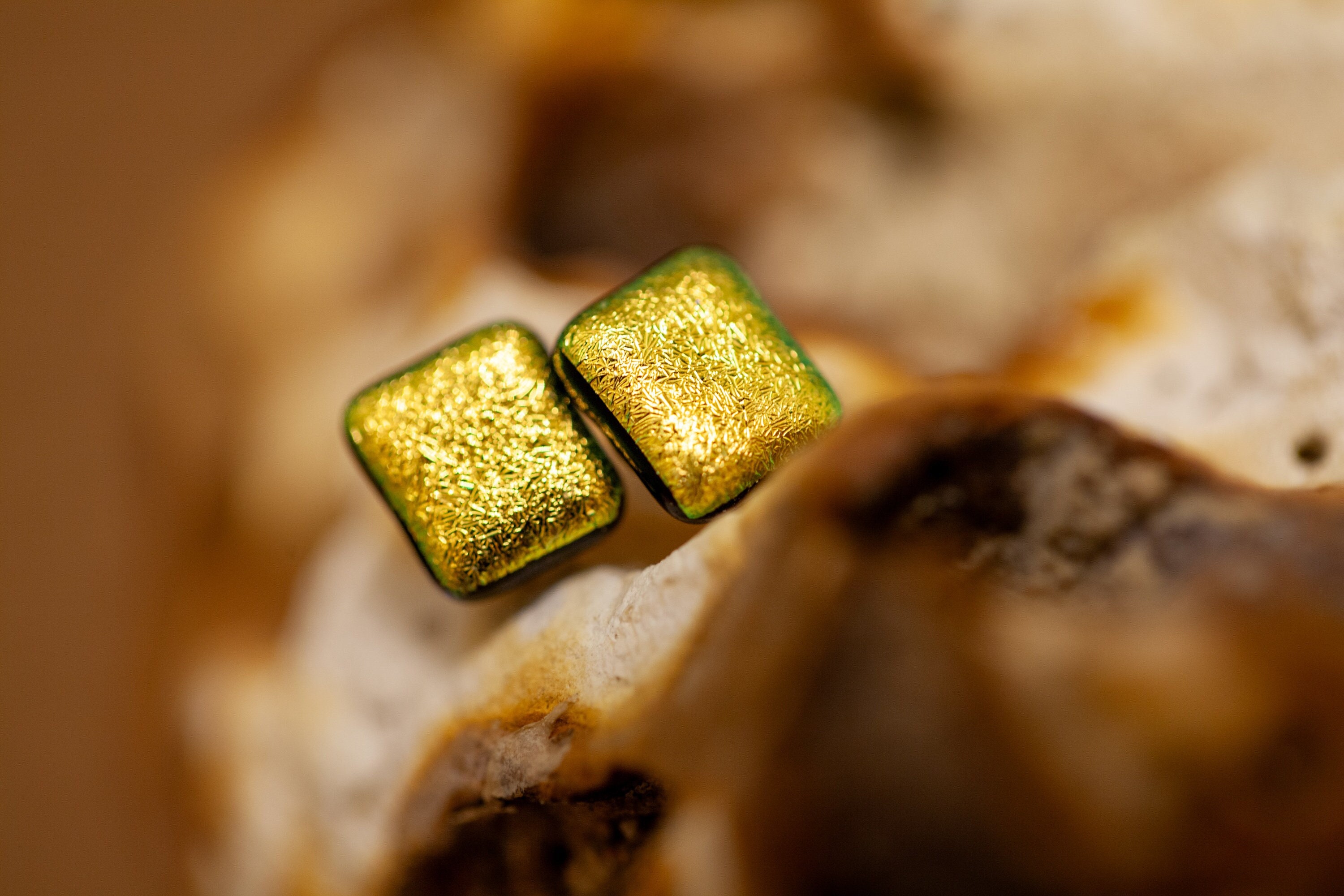Handmade Velvet Gold & Copper Fused Glass Stud Earrings | Sparkling Jewellery Dichroic Surgical Steel