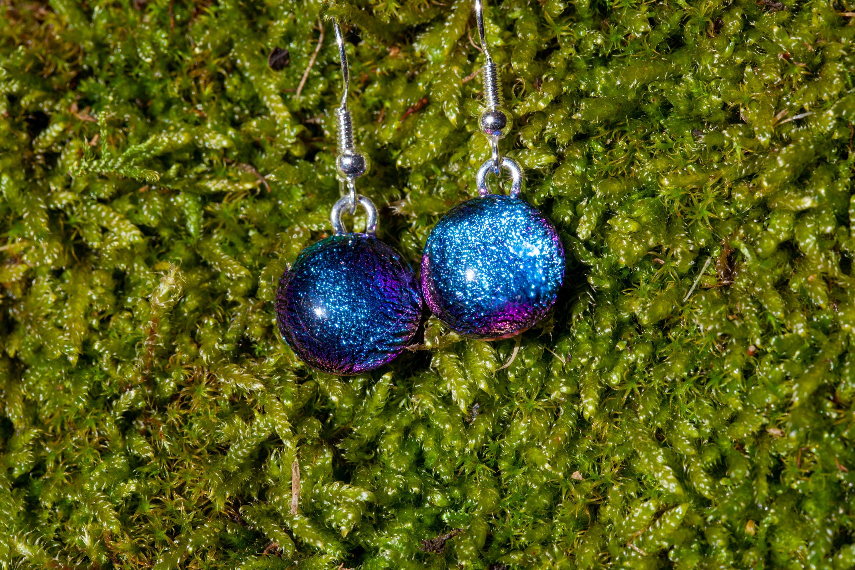 Handmade Blue Pink Fused Glass Drop Earrings | Sparkling Jewellery Dichroic Silver Plated