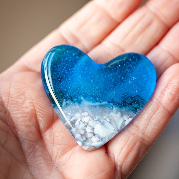 Sea and beach fused glass heart