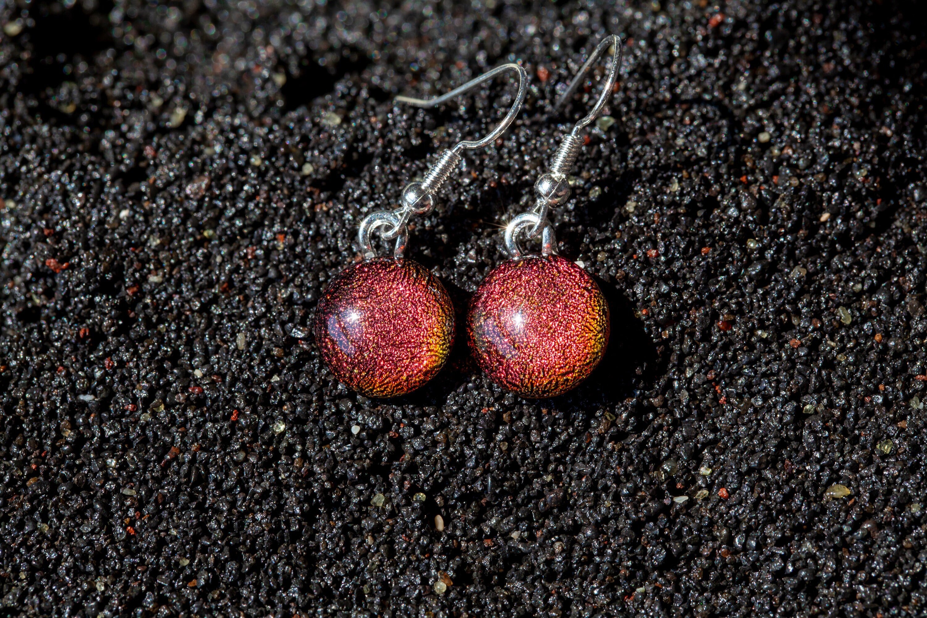 Handmade Red Apple Candy Fused Glass Drop Earrings | Sparkling Jewellery Dichroic Silver Plated