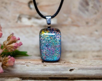 Dichroic Glass Pendant Necklace: Sparkling Pink and Green Art Glass