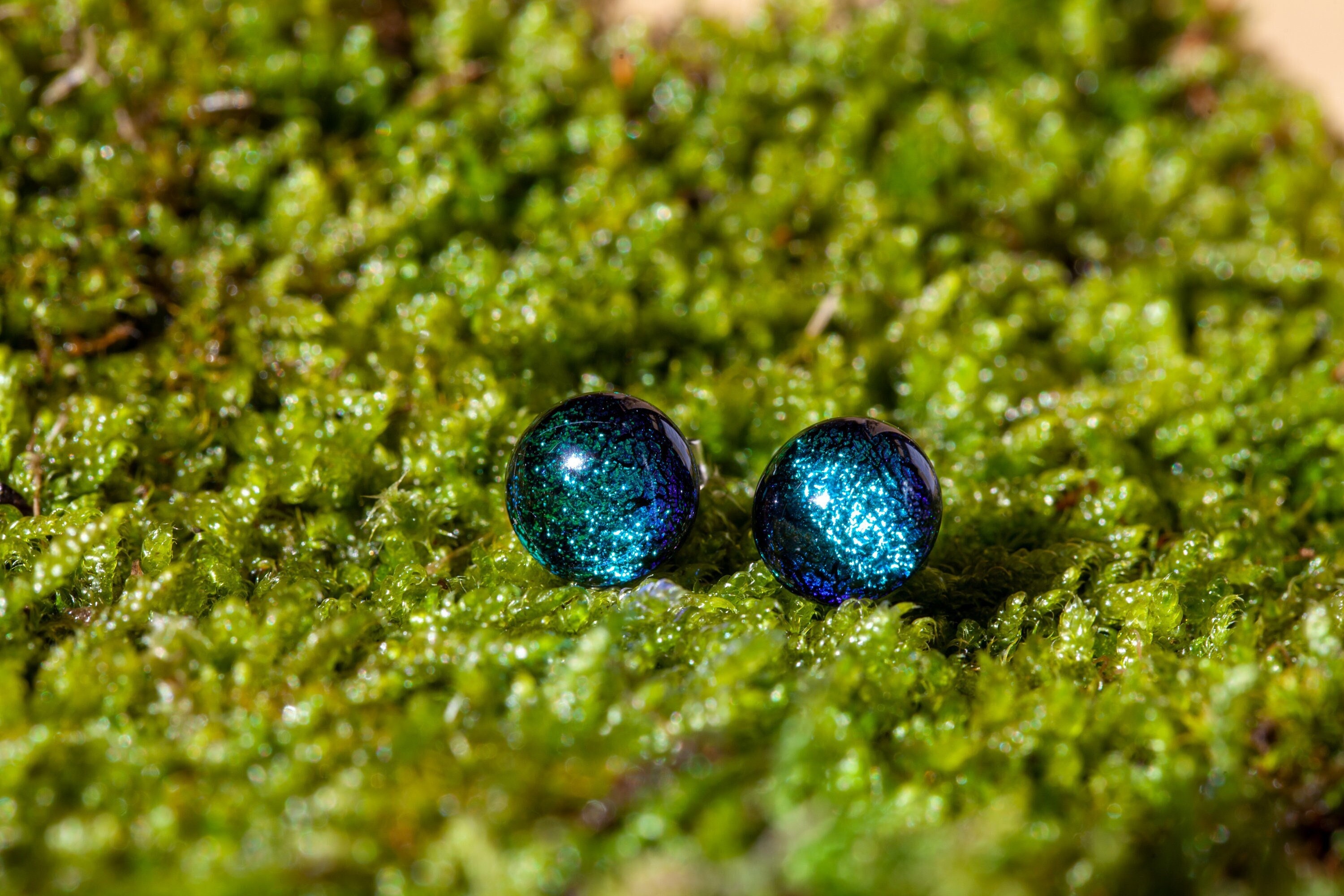 Handmade Aqua Blue Fused Glass Stud Earrings | Sparkling Jewellery Dichroic Surgical Steel