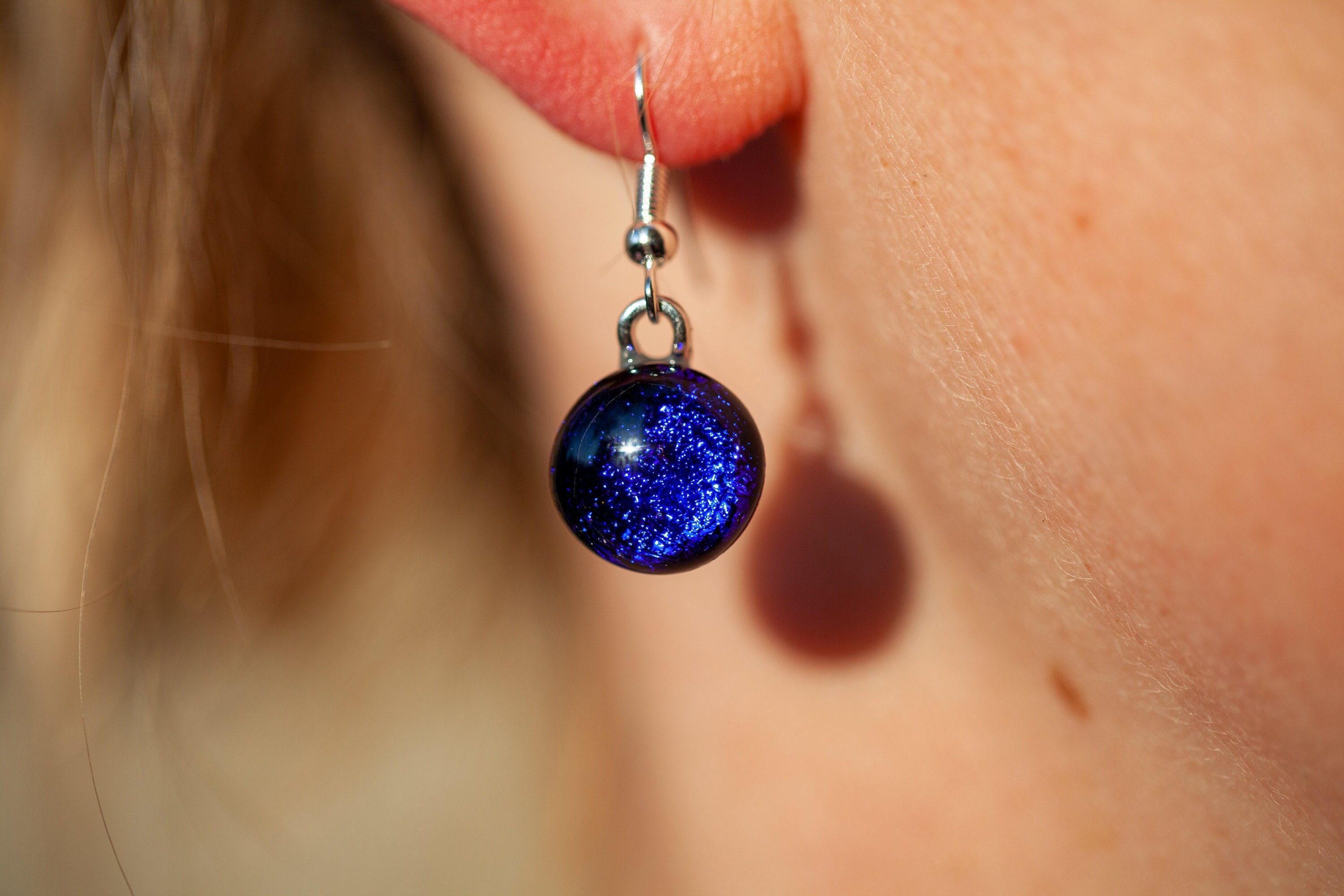 Handmade Dark Blue Fused Glass Drop Earrings | Sparkling Jewellery Dichroic Silver Plated