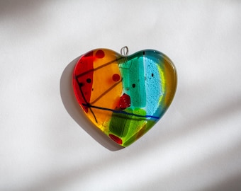 Colourful Fused Glass Heart Suncatcher | Handmade Abstract Style Heart Ornament