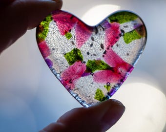 Pink roses fused glass heart