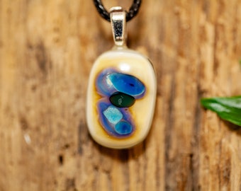 Vanilla and Turquoise Fused Glass Pendant with Silver Accents, Art Glass Jewellery, Fused Glass Necklace