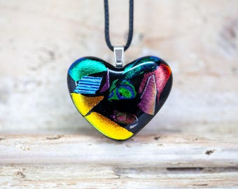Heart Necklace, Fused Glass Pendant, Mix of Colours