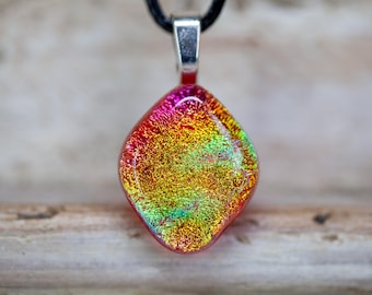 Dichroic Glass Pendant Necklace, Orange, Gold,  Pink, Green, One of a Kind