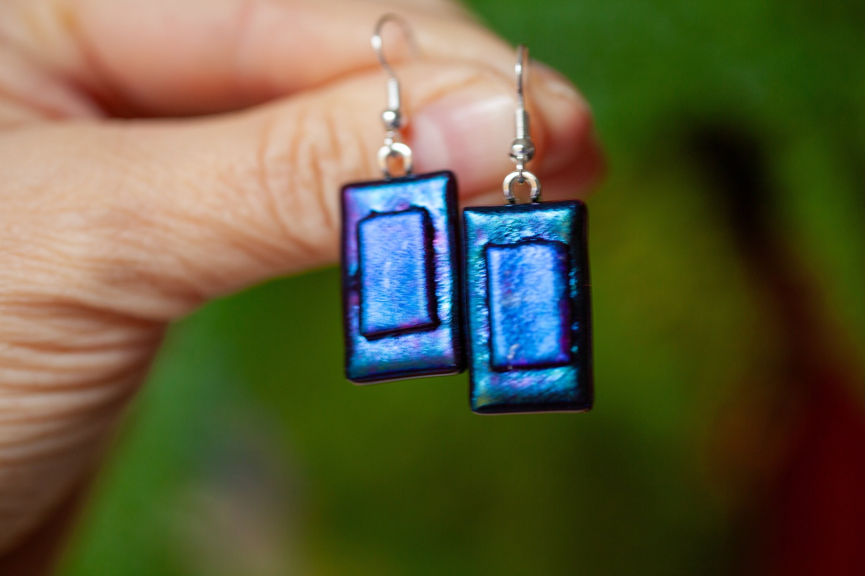 Deep Blue On Purple Fused Glass Drop Dangle Earrings