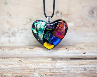 Heart Necklace, Fused Glass Pendant, Mix of Colours